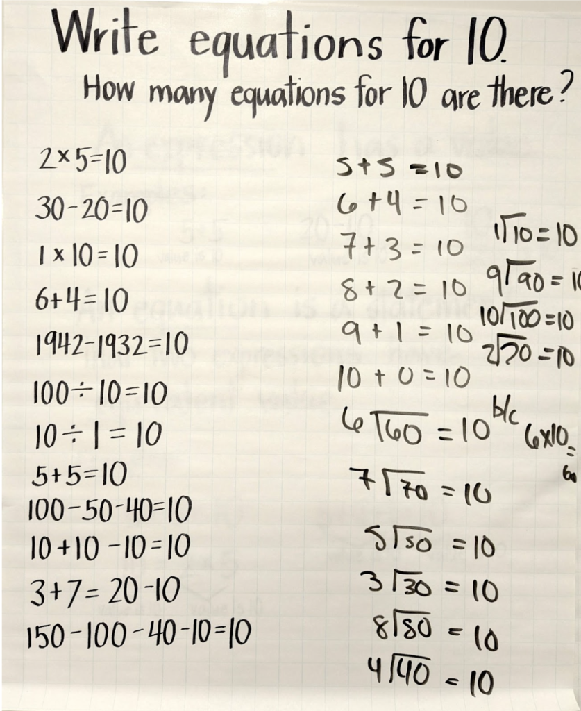 A white sheet of paper with the heading "Write equations for 10. How many equations for 10 are there?" Below are two columns of handwritten mathematical equations that equal 10.  